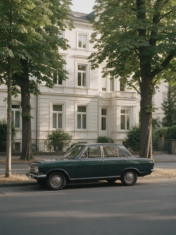 Dunkelgrüne ältere Limousine am Straßenrand einer Kastanienallee vor einer hellen Altbaufassade