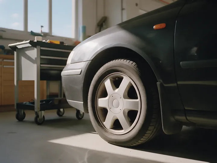 Dunkler Wagen in einer hellen Werkstatt, daneben ein Werkzeugwagen