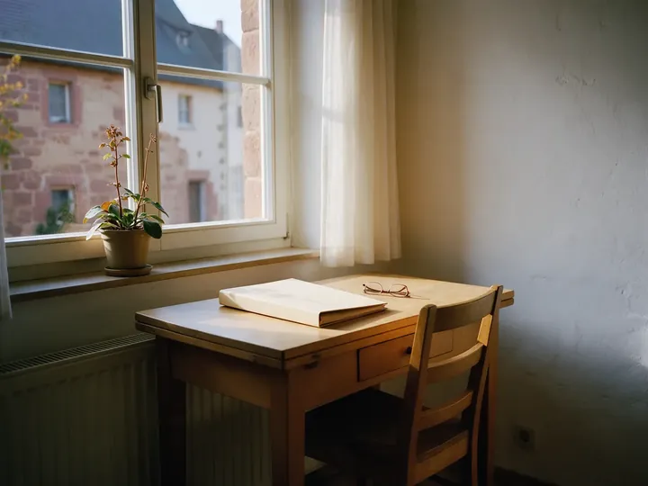 Holzschreibtisch am Fenster mit einer Mappe und einer Lesebrille